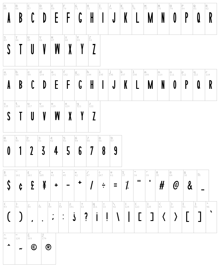 Sophisticated Slims font map